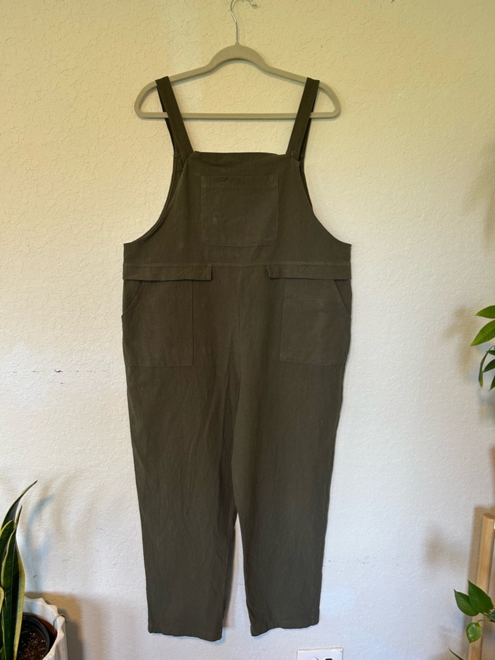 Olive Green Overalls Jumpsuit, Wide Strap Utility Romper, Farmers Market Sz L - Picture 2 of 9